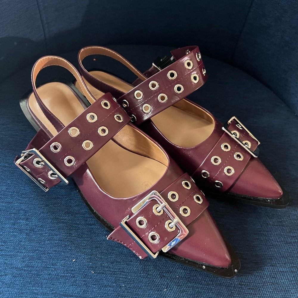 Women's Burgundy Slingback Flats with Buckle Detail